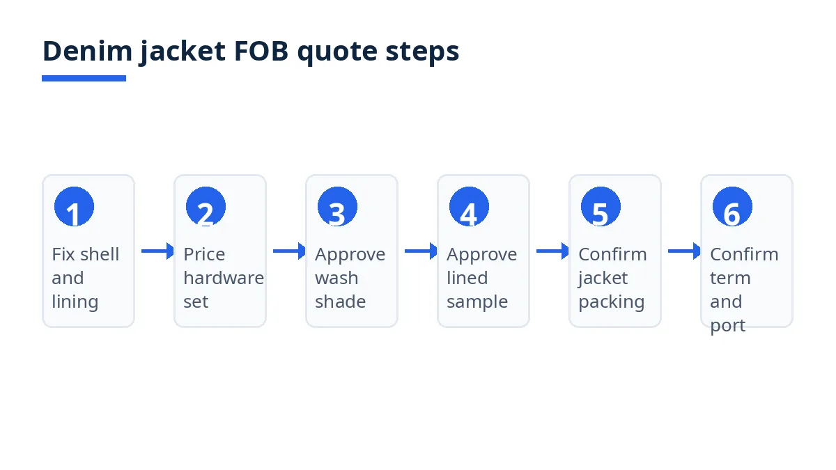 Diagram: six steps to a comparable denim jacket FOB quote, from shell and lining to shipment