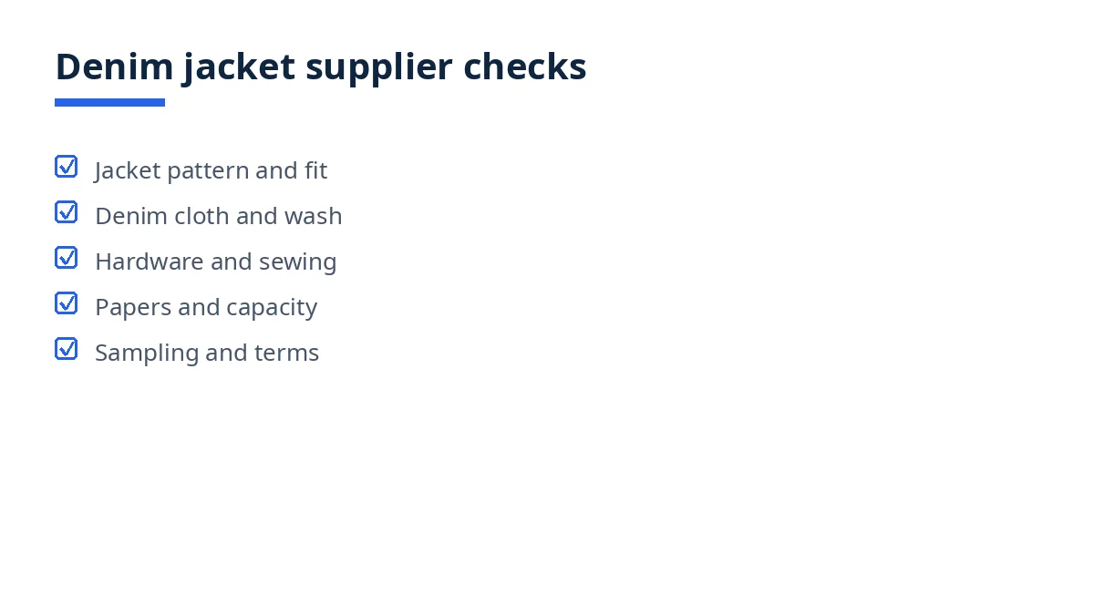 Diagram of the denim jacket supplier checks: fit, cloth and wash, hardware, papers and terms