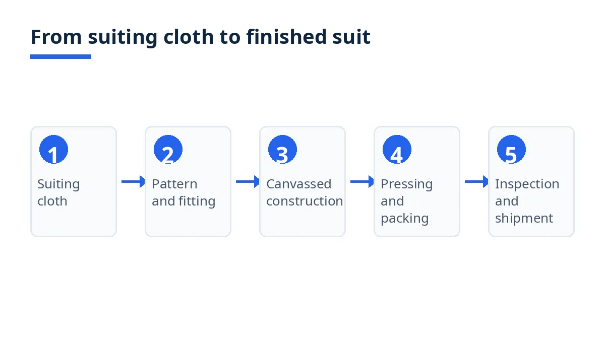 Diagram: from suiting cloth to finished suit in five steps