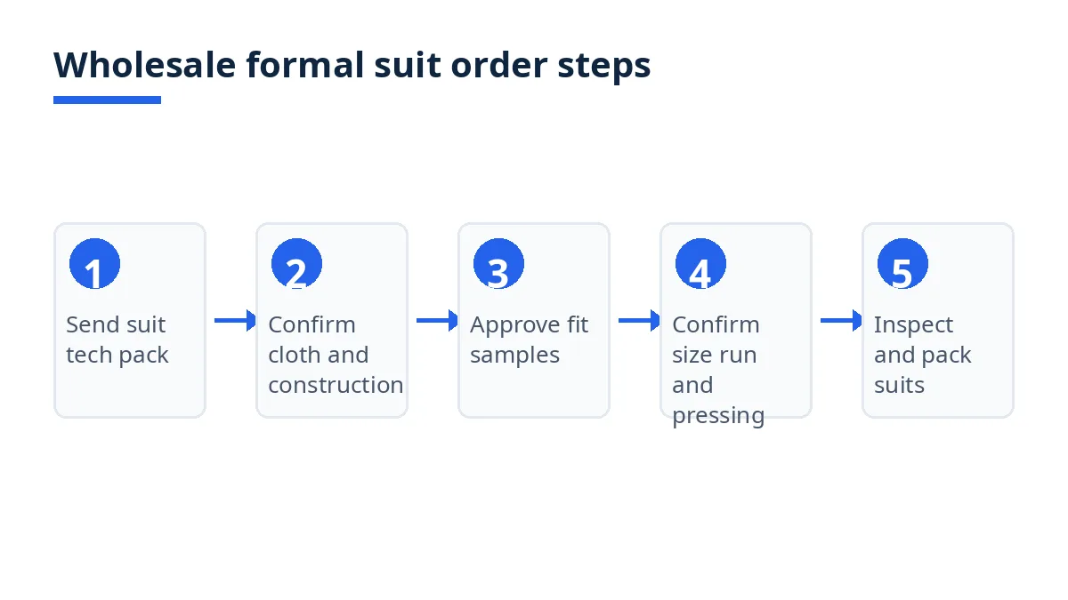 Diagram: five wholesale formal suit order steps, from suit tech pack to inspection and packing