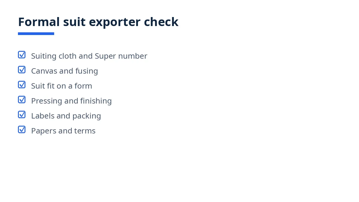 Diagram of the formal suit exporter check, from suiting cloth to papers and terms