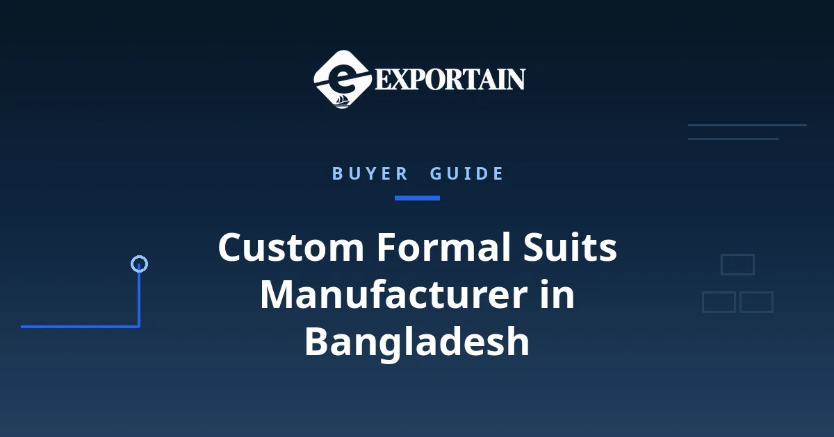 Navy title card: Custom Formal Suits Manufacturer in Bangladesh, OEM process from tech pack to bulk