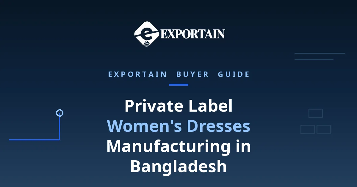 Navy title card: Private Label Women's Dresses Manufacturing in Bangladesh, a brand owner's guide