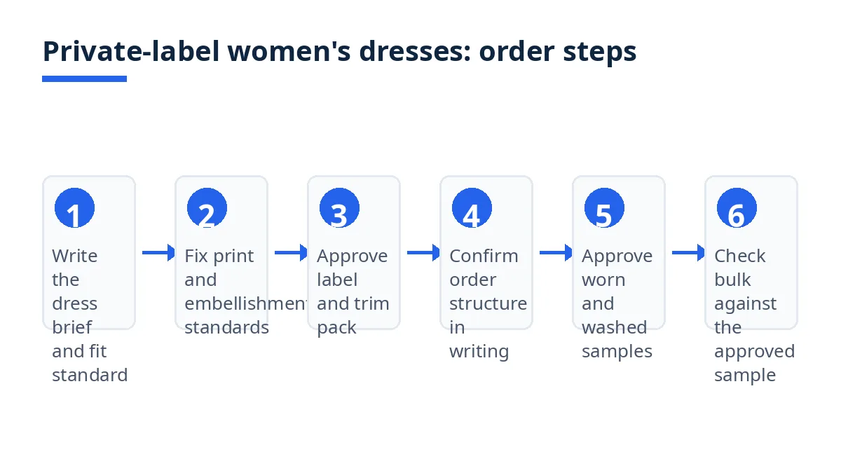 Diagram: six steps for a private-label women's dresses order, from dress brief to bulk check