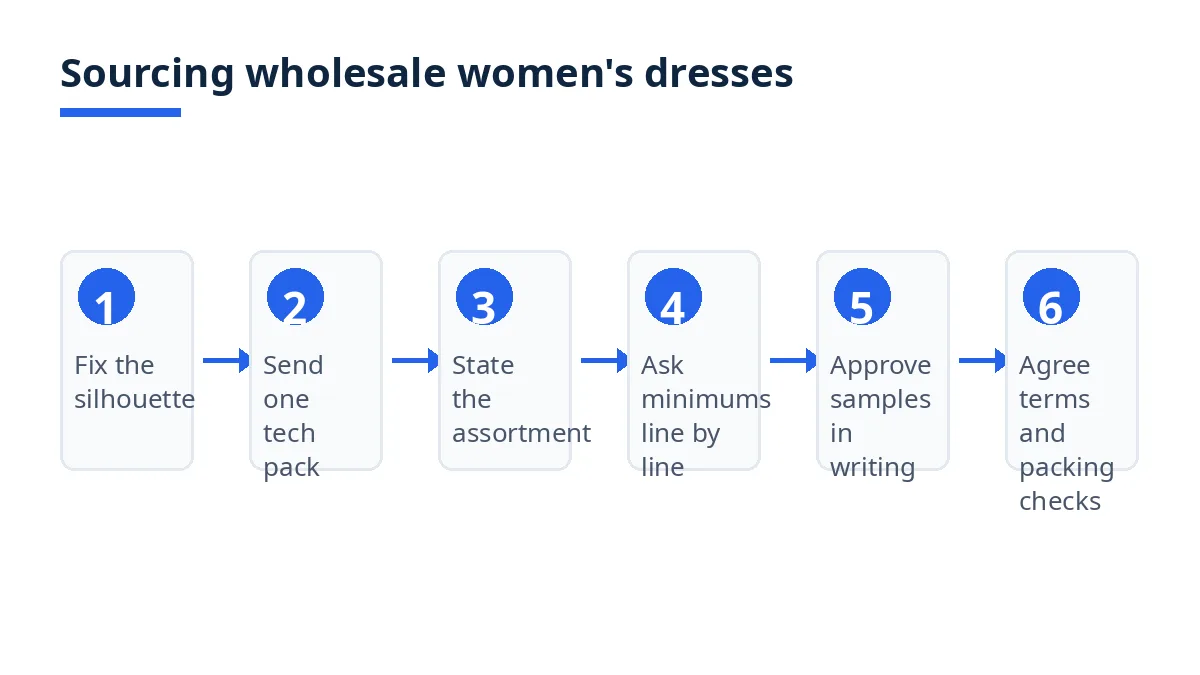Diagram: six steps to source wholesale women's dresses, from silhouette to shipment checks