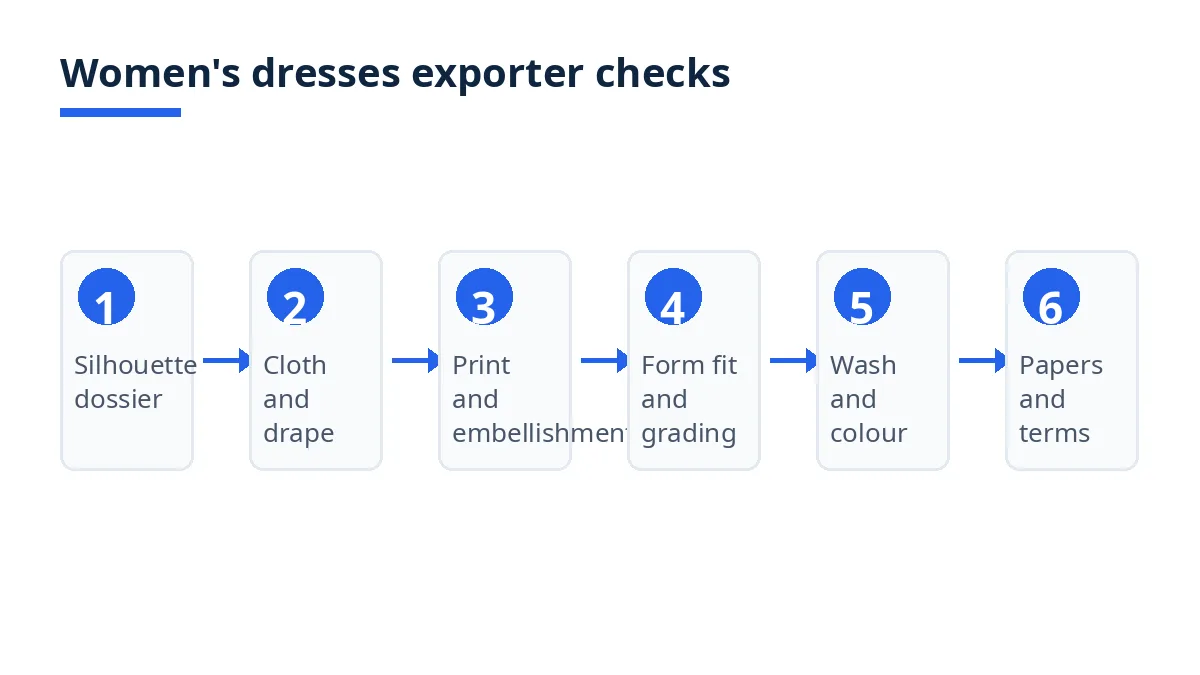 Diagram of the women's dresses exporter checks: silhouette, cloth, print, fit, wash, papers