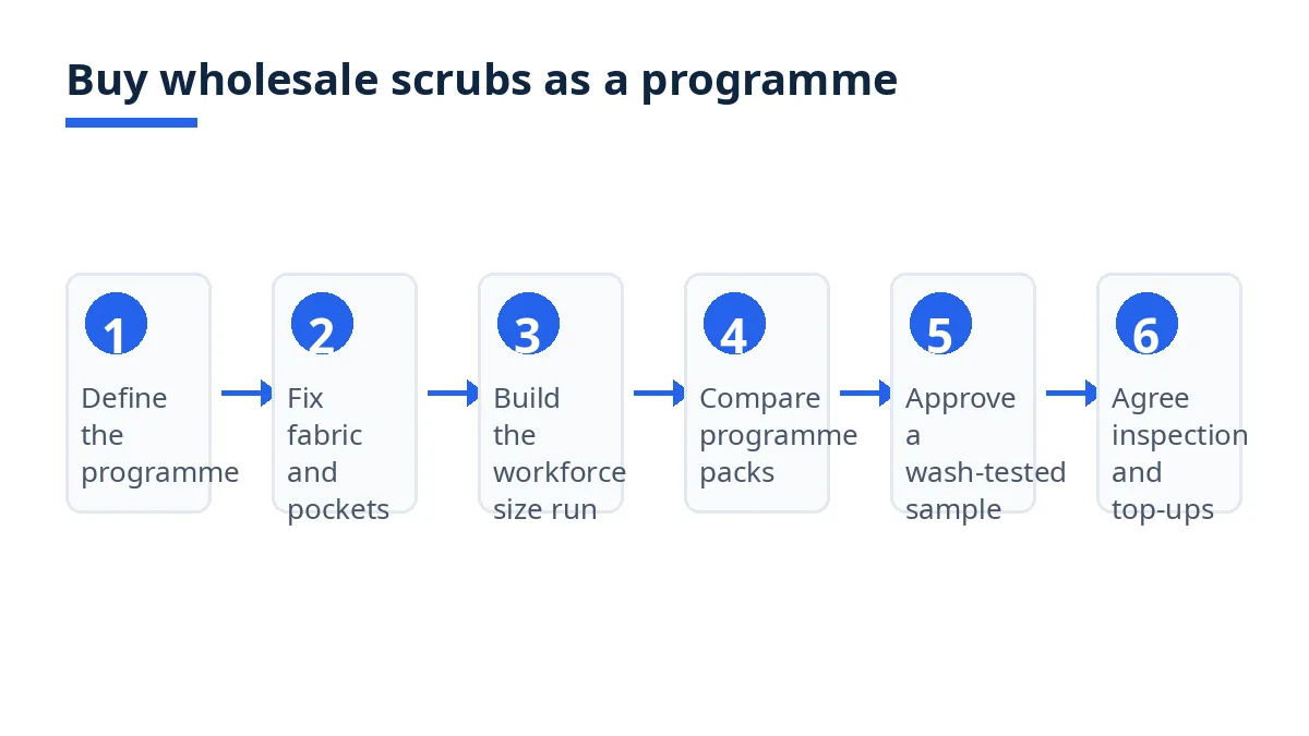 Diagram: six steps to buy wholesale medical scrubs, from programme definition to replenishment