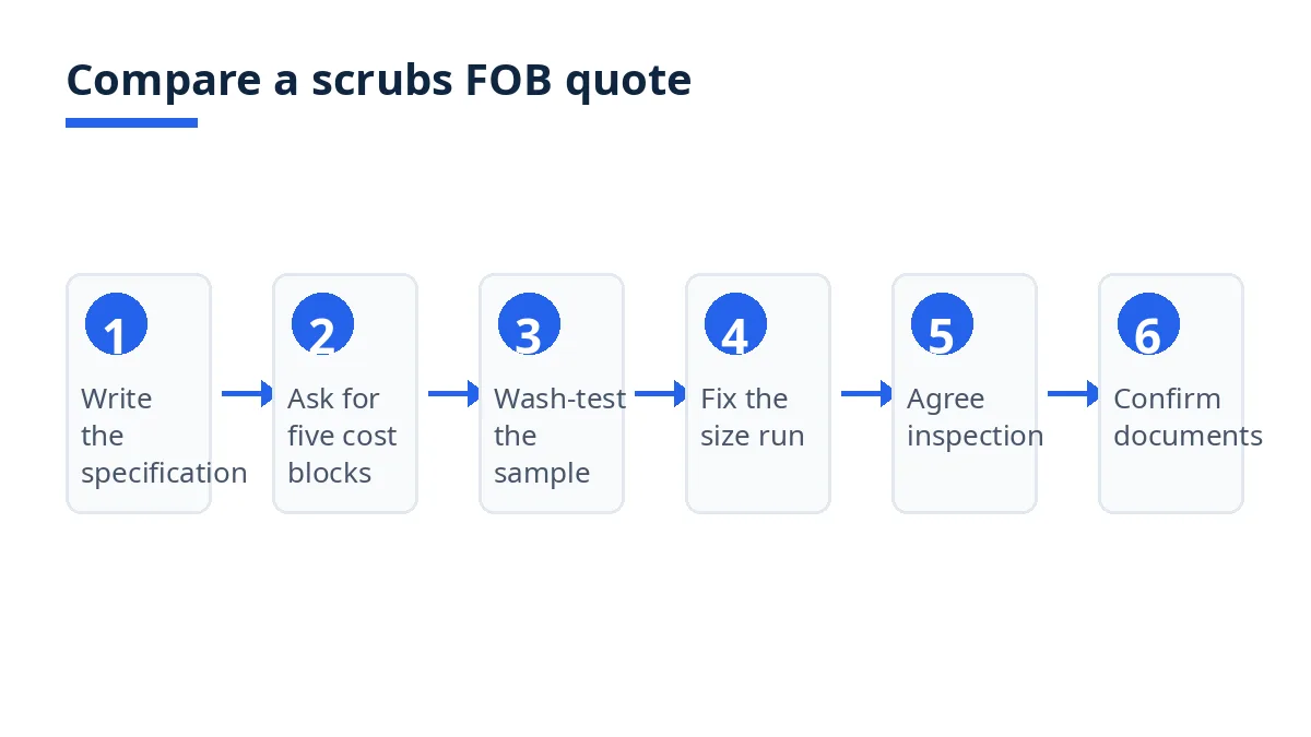 Diagram: six steps to compare a medical scrubs FOB quote, from specification to documents