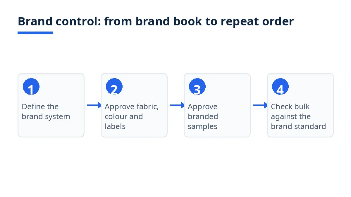 Diagram: brand control steps from brand book to repeat order