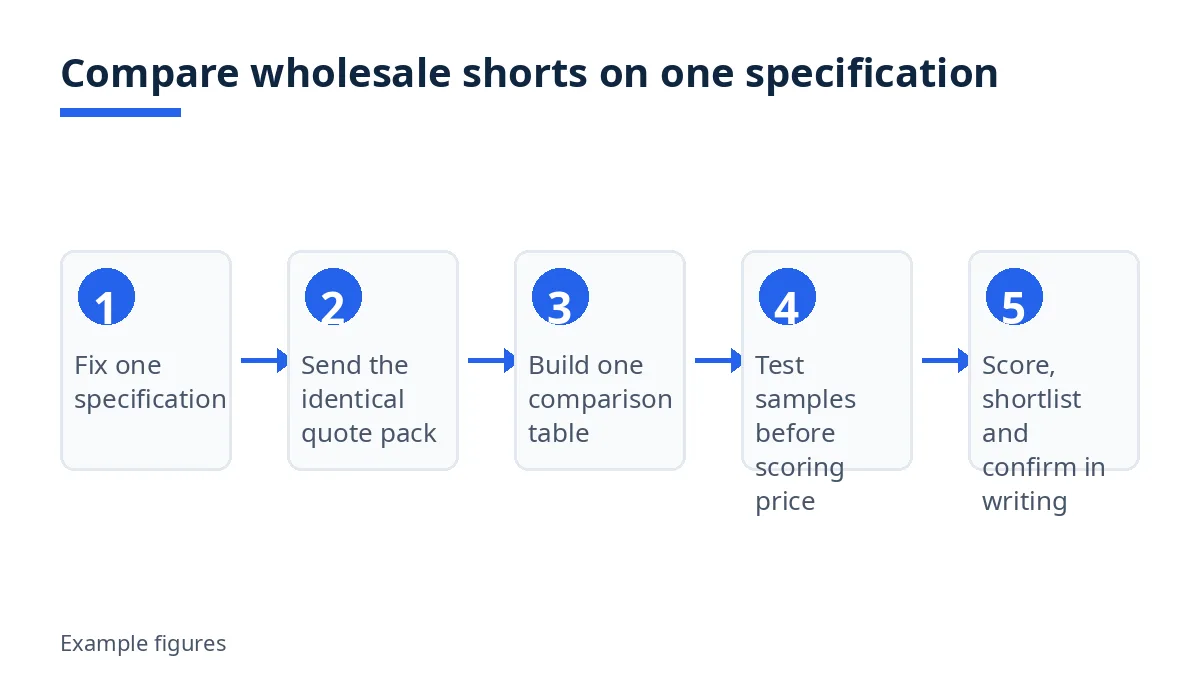 Diagram: five steps to compare wholesale shorts, from specification to confirmation