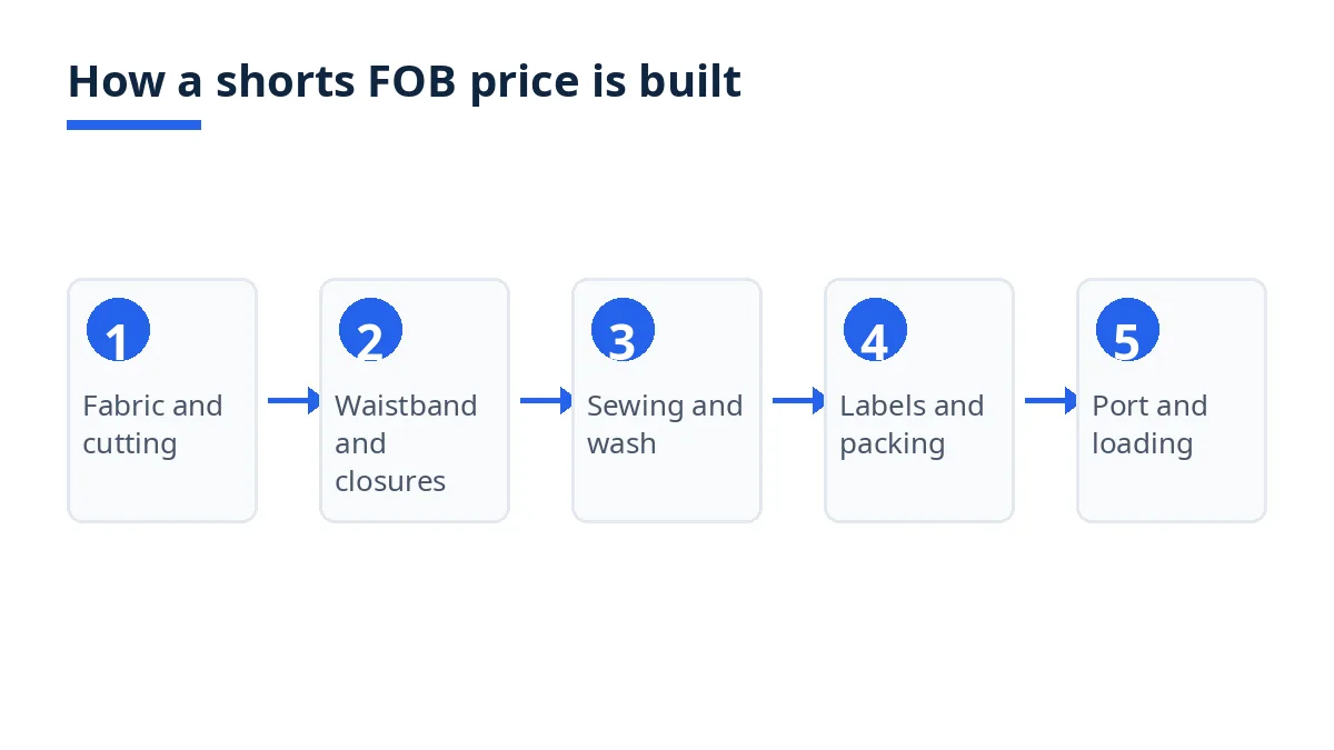 Diagram: five steps building a shorts FOB price, from fabric to port loading