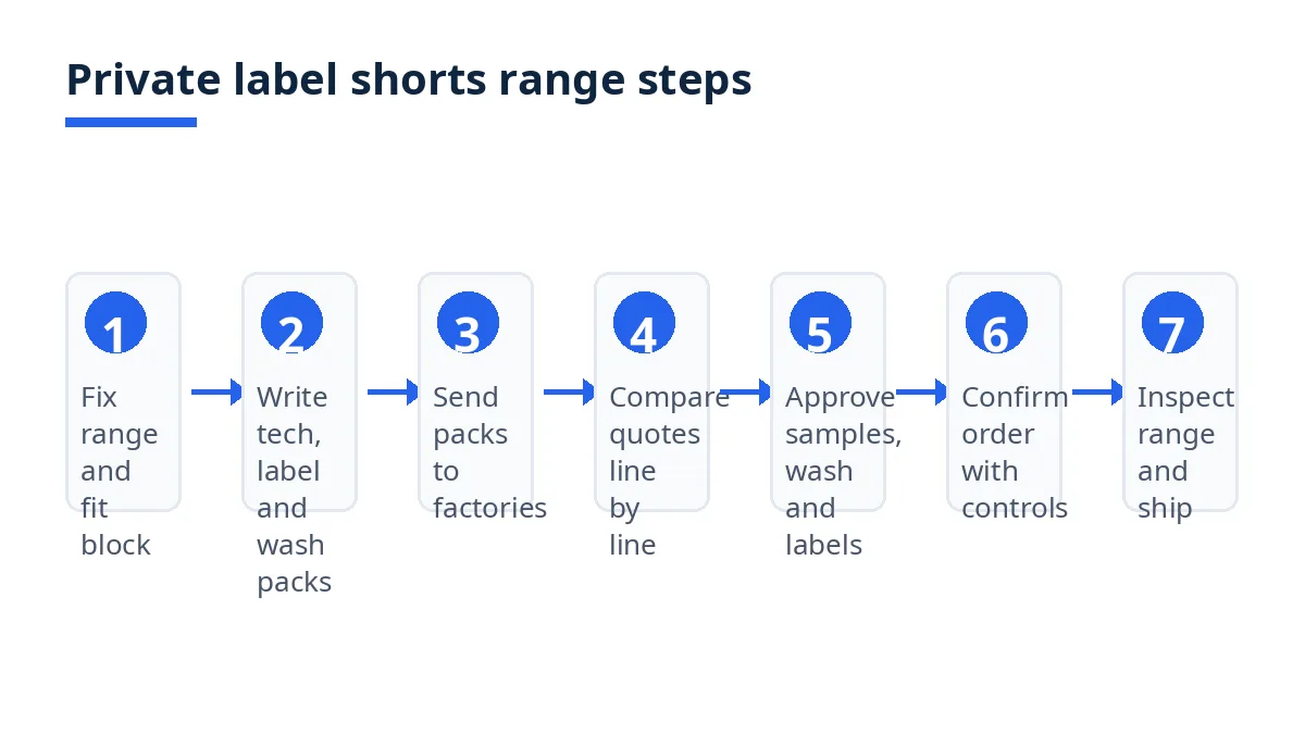 Diagram: seven steps for a private label shorts range, from fit block to shipment