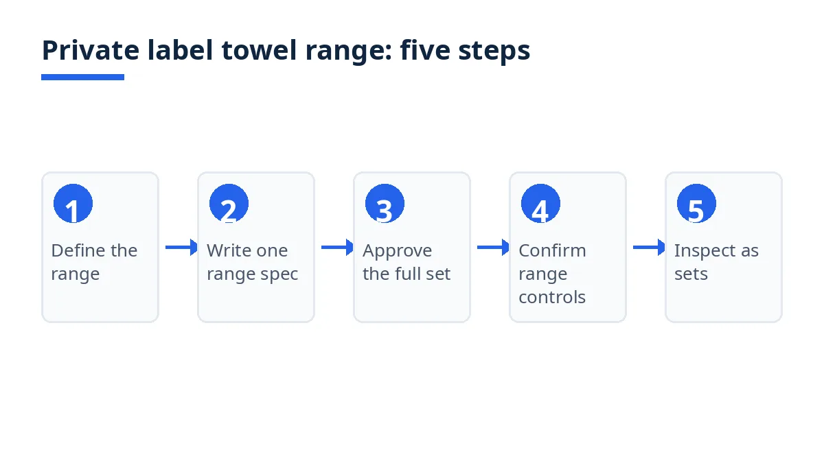 Diagram: five steps for a private label towel range, from range definition to set inspection