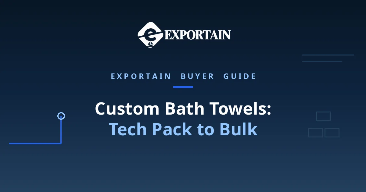 Navy title card: Custom Bath Towels, tech pack to bulk OEM process
