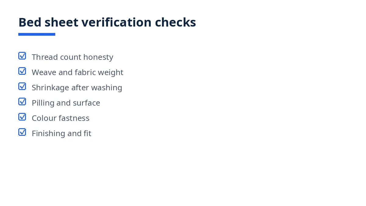 Diagram: bed sheet verification checks, from thread count to finishing and fit
