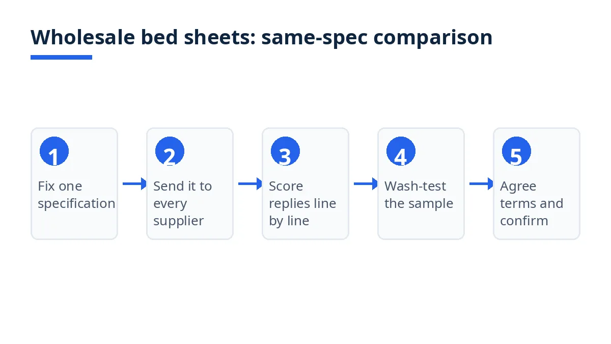 Diagram: five steps to compare wholesale bed sheet suppliers on one specification