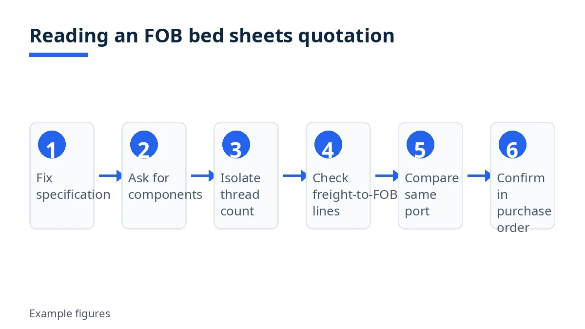 Diagram: six steps to read an FOB bed sheets quotation, from specification to purchase order