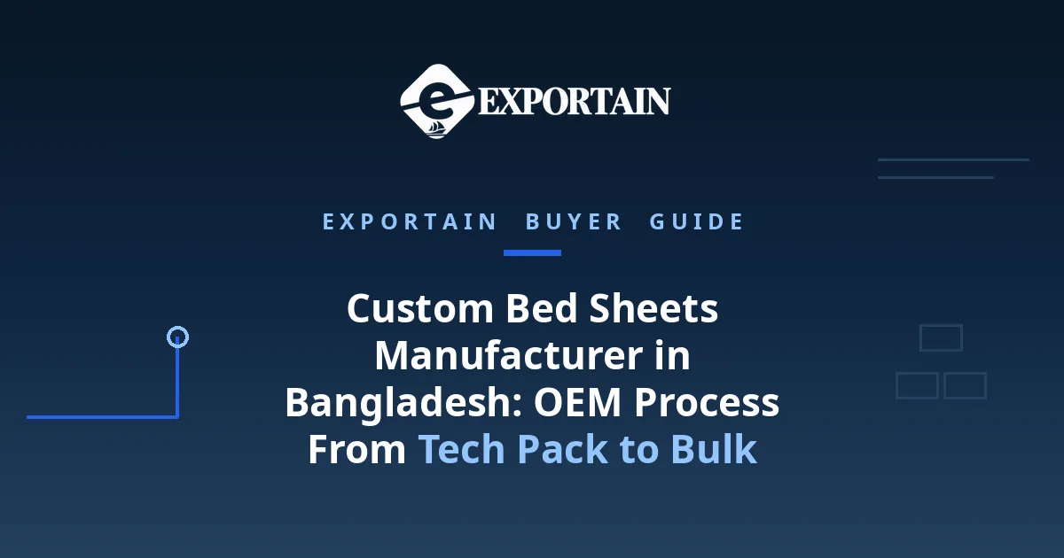 Navy title card: Custom Bed Sheets Manufacturer in Bangladesh, OEM process from tech pack to bulk