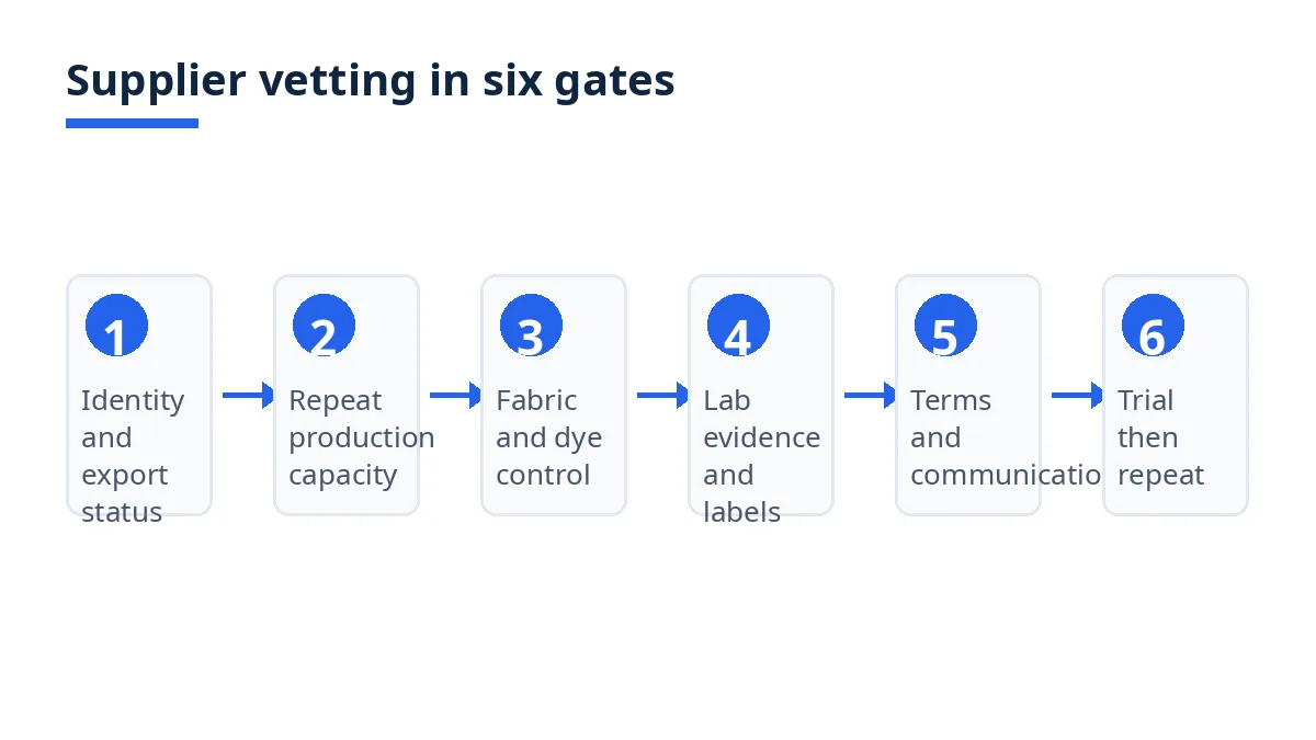 Diagram of supplier vetting in six gates, from identity and export status to trial then repeat