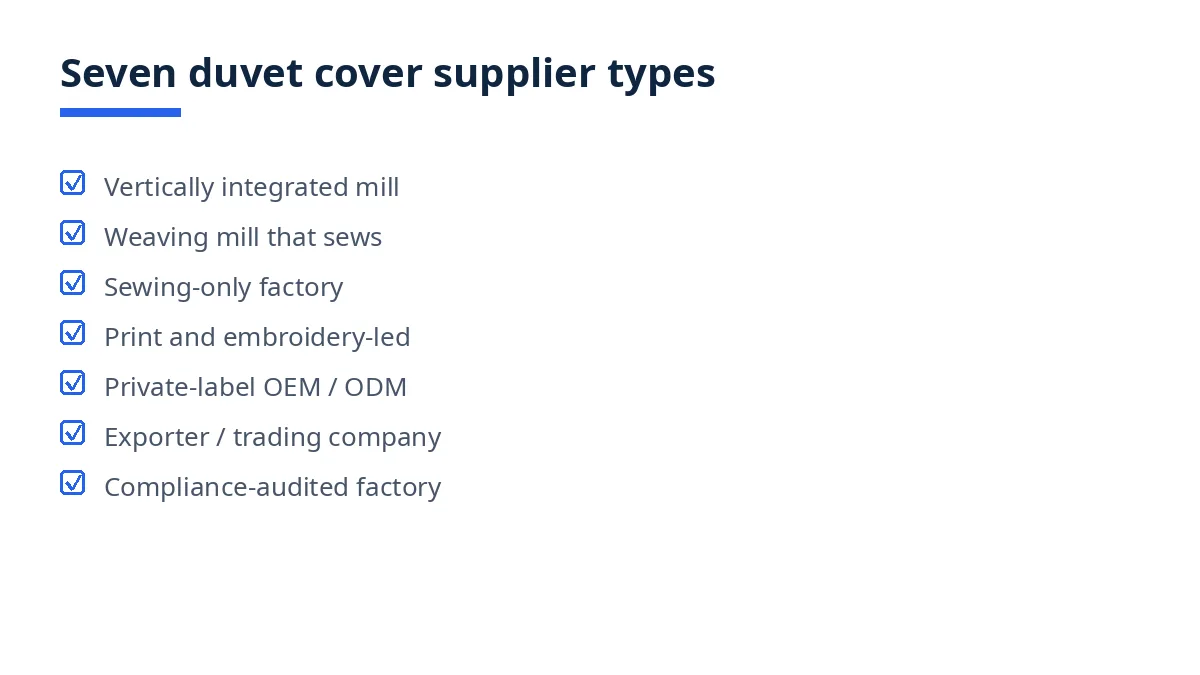 Diagram: seven types of duvet covers manufacturers in Bangladesh