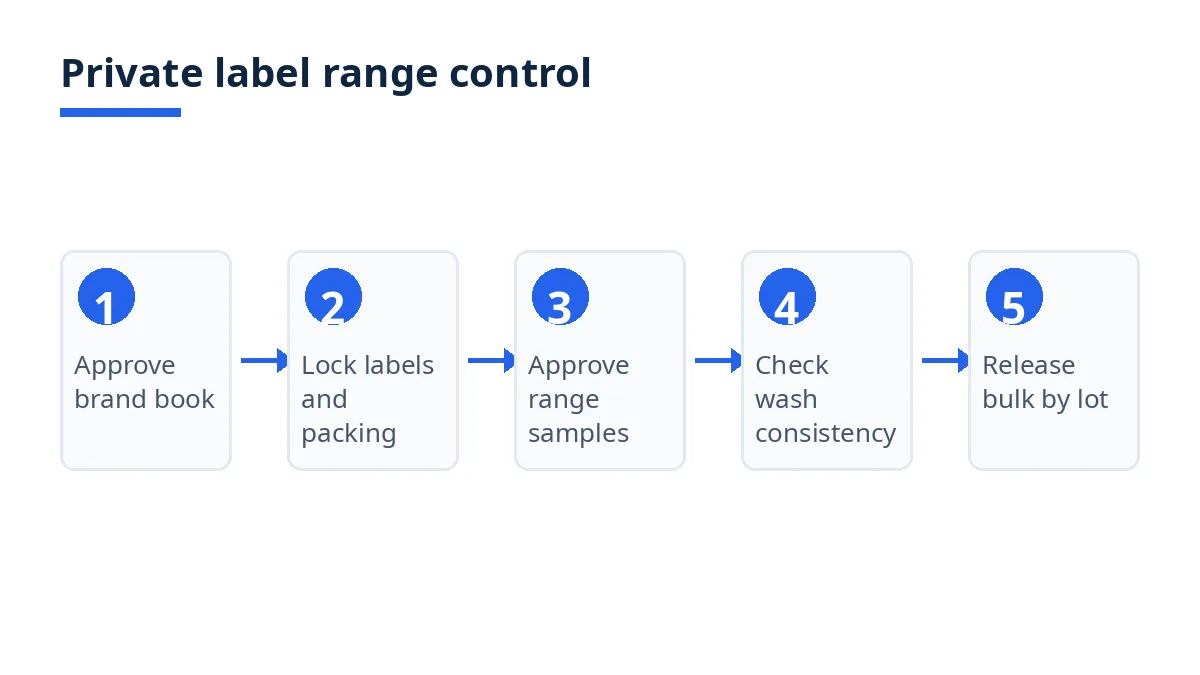 Diagram: five private label range controls, from brand book to bulk release by lot