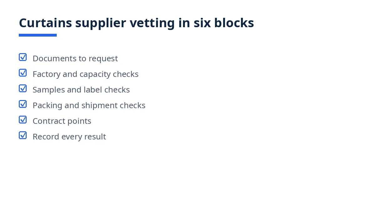 Diagram of the curtains supplier vetting checklist in six blocks, from documents to record