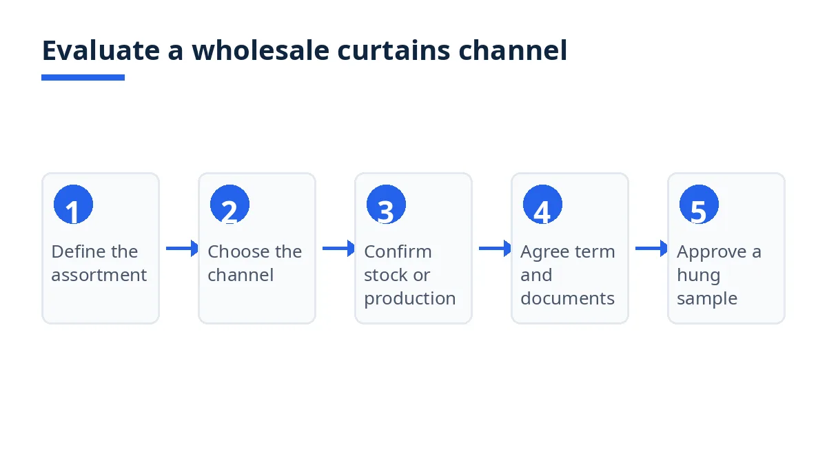 Diagram: five steps to evaluate a wholesale curtains channel, from assortment to sample