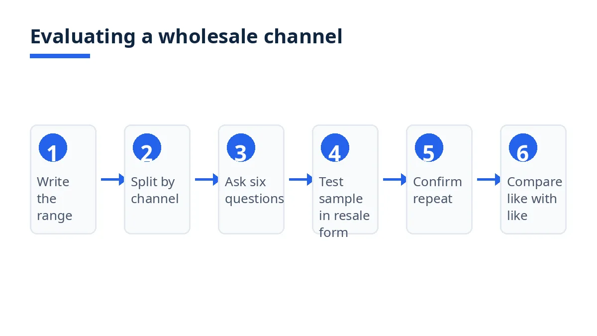 Diagram: six steps to evaluate a wholesale kitchen-towel channel, from range to comparison