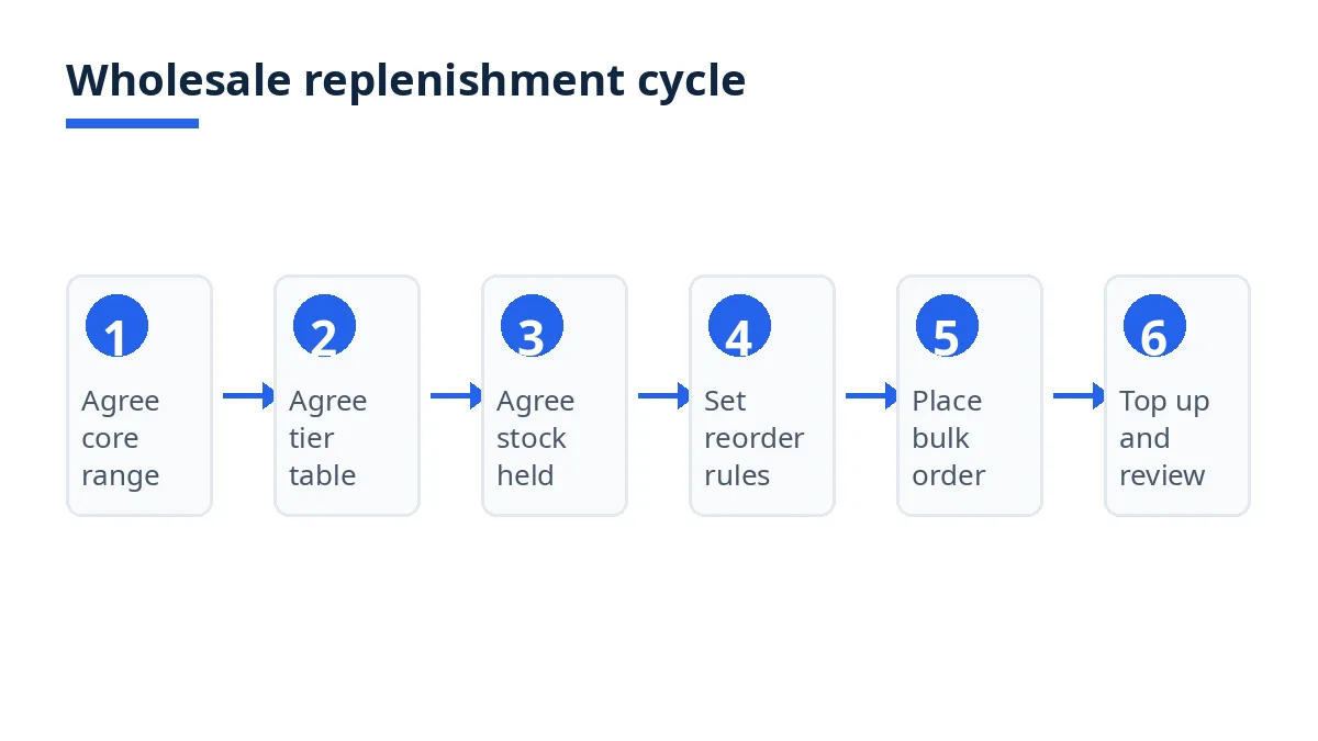 Diagram: six-step wholesale replenishment cycle, from core range to top-up review
