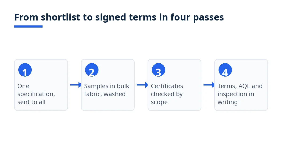 Diagram: four passes from shortlist to signed terms for cushion cover sourcing
