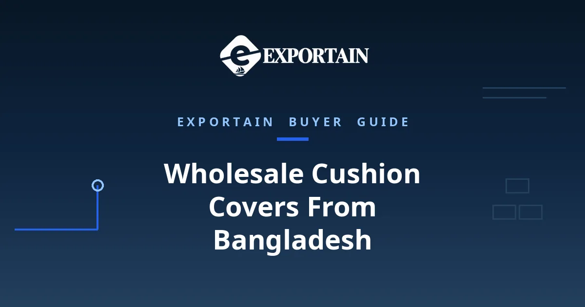 Navy title card: Wholesale Cushion Covers From Bangladesh, bulk tiers and stockist buying