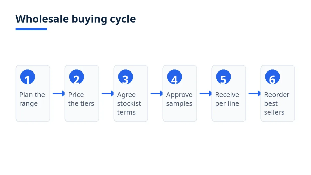 Diagram: six wholesale buying steps, from range planning to replenishment ordering