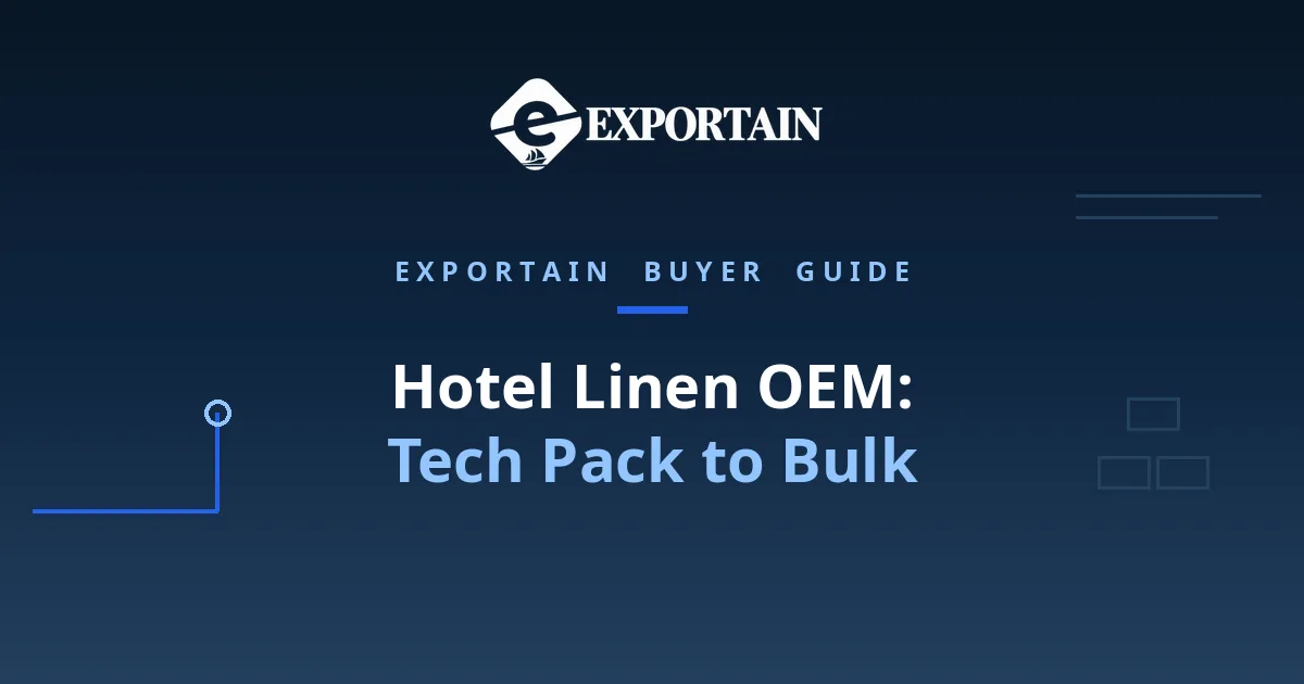 Navy title card: Hotel Linen OEM, Tech Pack to Bulk