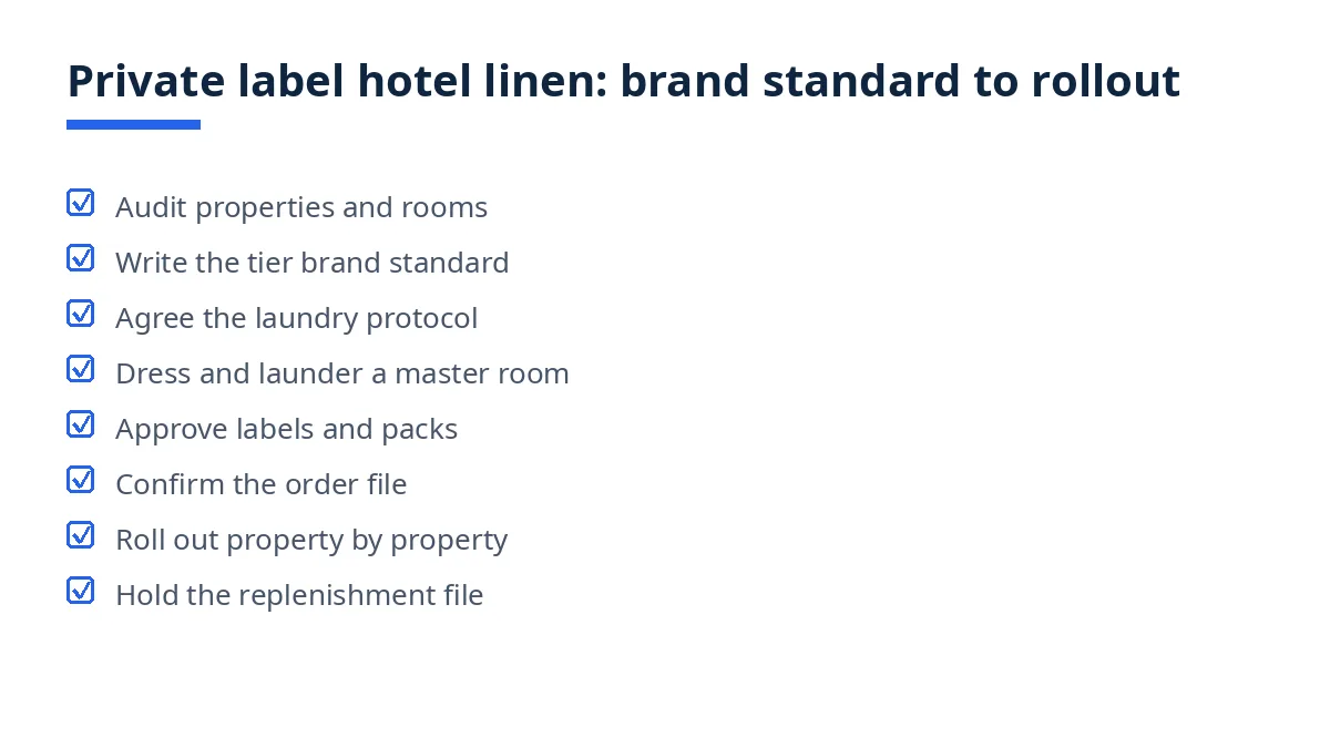 Diagram: eight private label hotel linen steps, from property audit to replenishment file