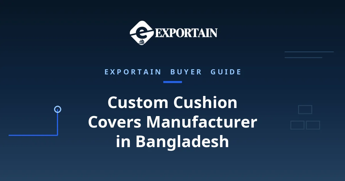 Navy title card: Custom Cushion Covers Manufacturer in Bangladesh, OEM process from tech pack to bulk
