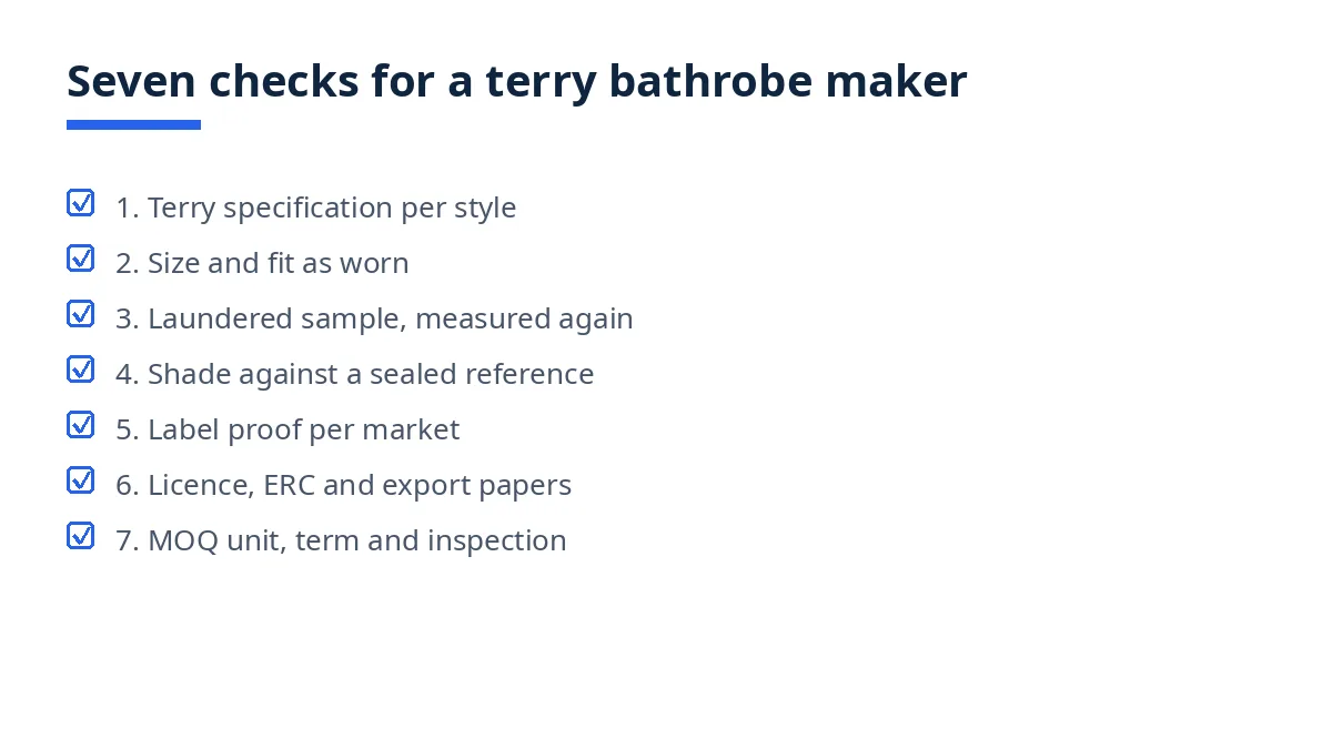 Diagram: seven checks for a terry bathrobe maker, from terry specification to quotation comparability