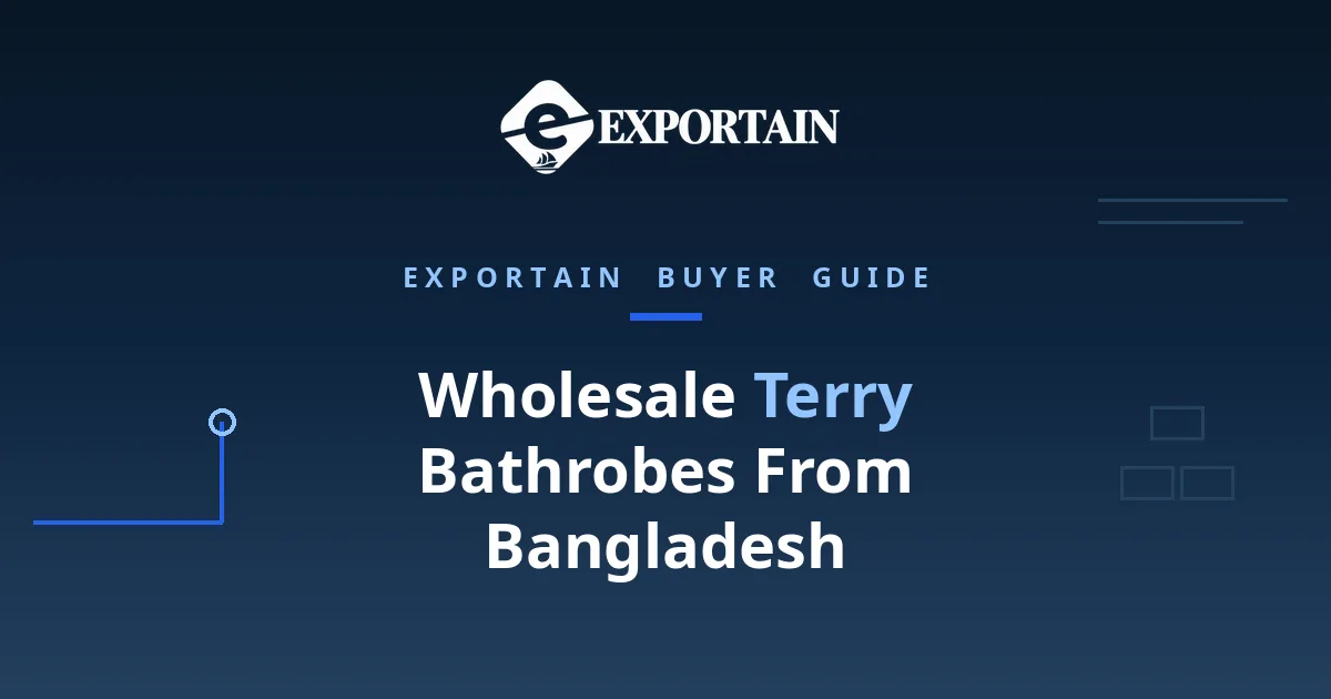 Navy title card: Wholesale Terry Bathrobes From Bangladesh, a size-curve buying guide
