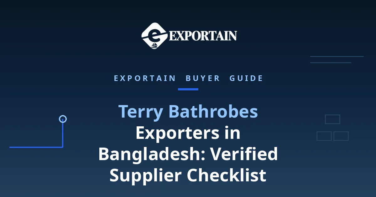 Navy title card: Terry Bathrobes Exporters in Bangladesh, verified supplier checklist