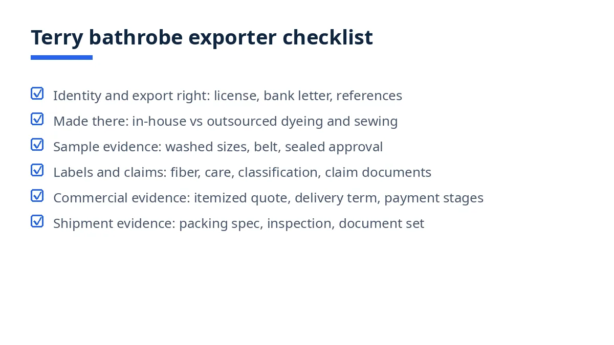 Diagram: six terry bathrobe exporter checklist sections, from identity to shipment evidence