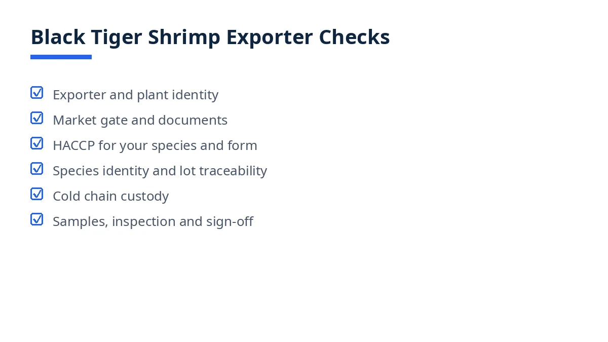Diagram: black tiger shrimp exporter checks, from identity and market gate to traceability and sign-off