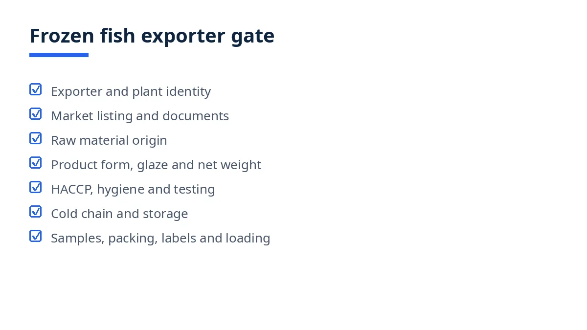 Diagram: seven frozen fish exporter gate sections, from identity to samples and loading
