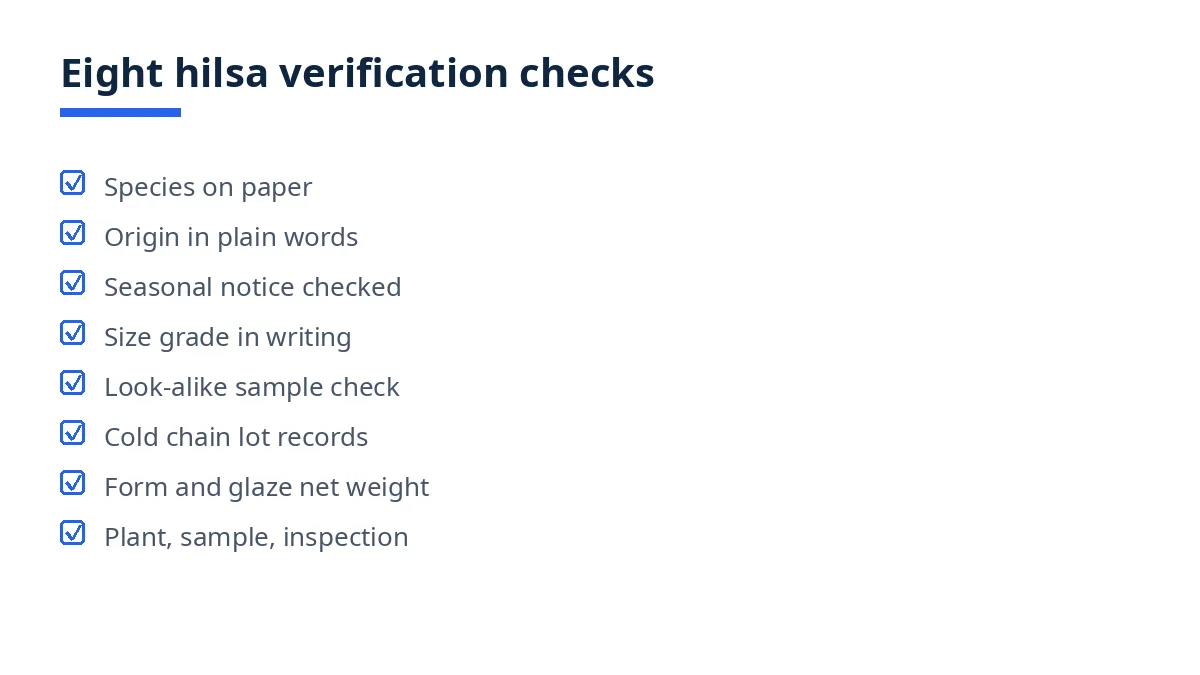 Diagram: eight hilsa verification checks, from species on paper to plant, sample, and inspection