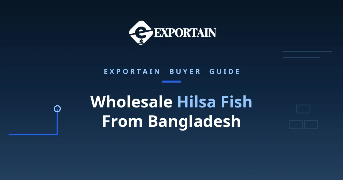 Navy title card: Wholesale Hilsa Fish From Bangladesh, size tiers and MOQ guide