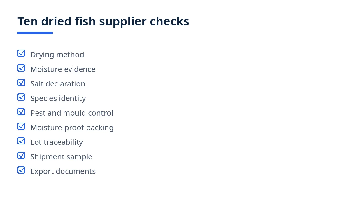 Diagram: ten dried fish supplier checks, from drying method to season and MOQ