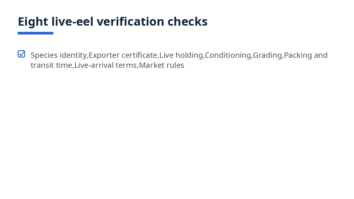 Diagram: eight checks for finding live eels manufacturers in Bangladesh