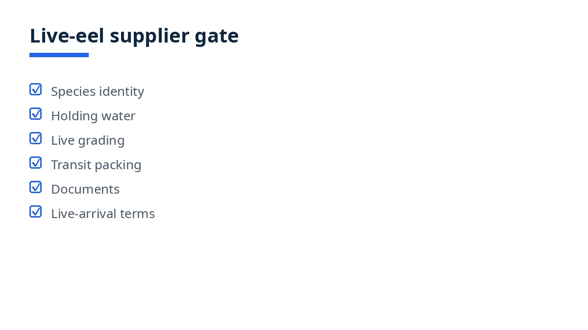 Printable live-eel supplier gate diagram with tick boxes for identity, water, grading, packing and documents