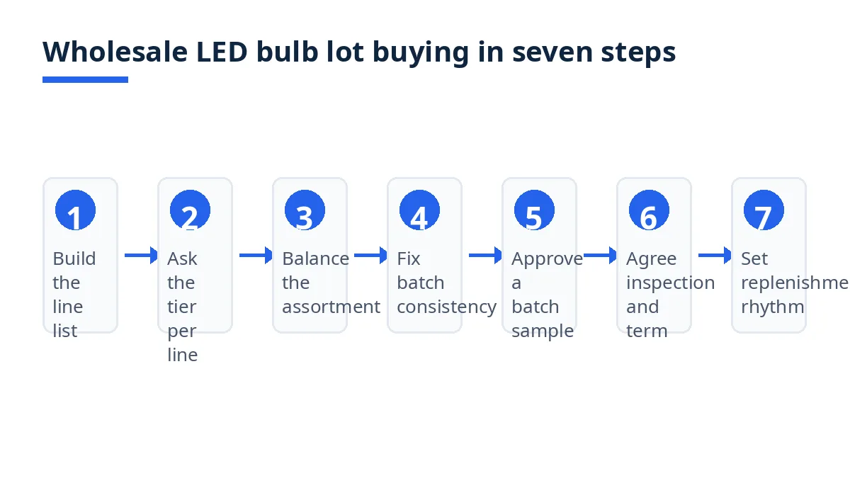 Diagram: seven steps for wholesale LED bulb lot buying, from line list to replenishment