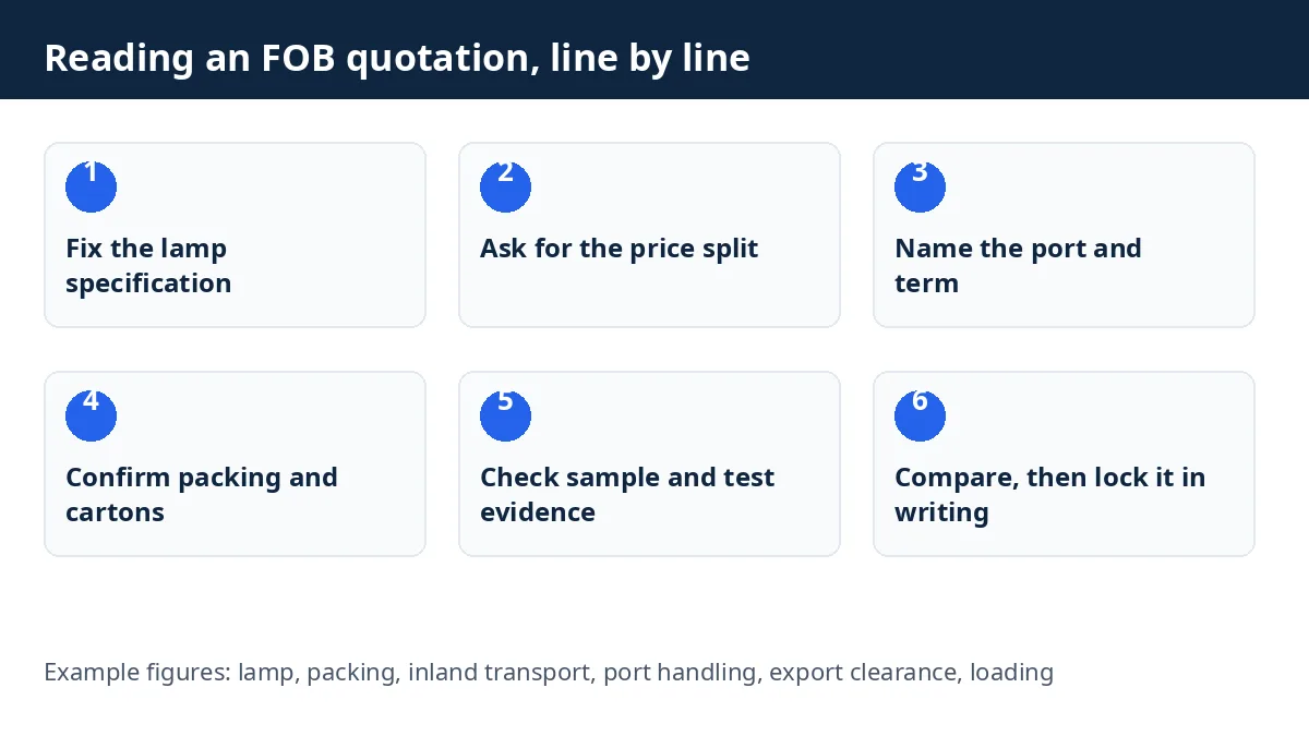 Diagram: six steps to read an FOB quotation for LED bulbs, line by line