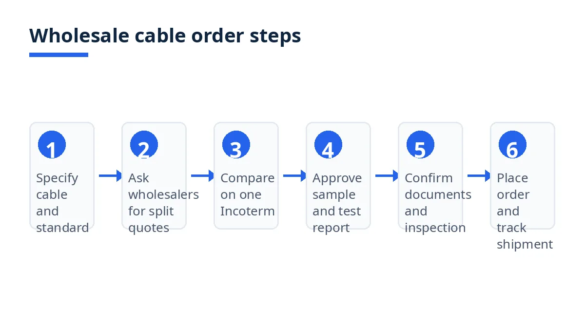 Diagram: six steps to buy wholesale electrical cables, from specification to shipment