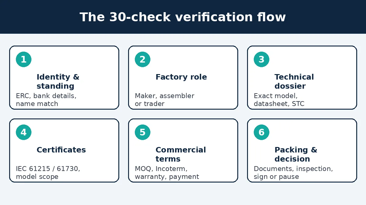 Diagram of the 30-check solar panel supplier verification flow, from identity to packing and decision